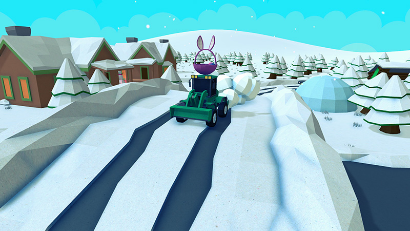 Tractor with plow carrying a easter basket and egg over a snowy hill in a winter village!