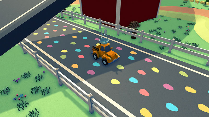 Truck with easter basked and egg on top driving on decorated road way.
