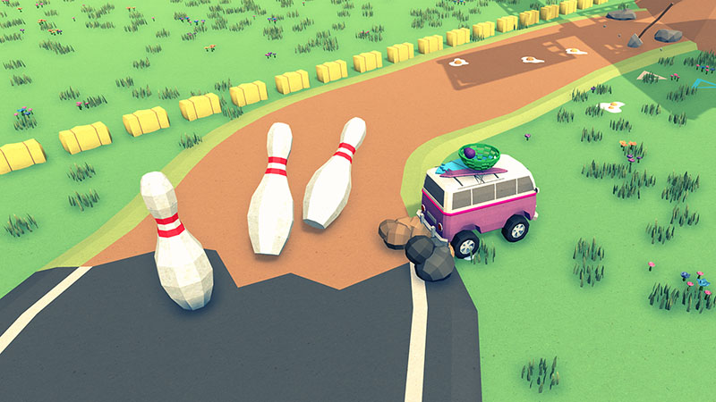 An old van with a bowl and egg on top driving near large bowling pins!